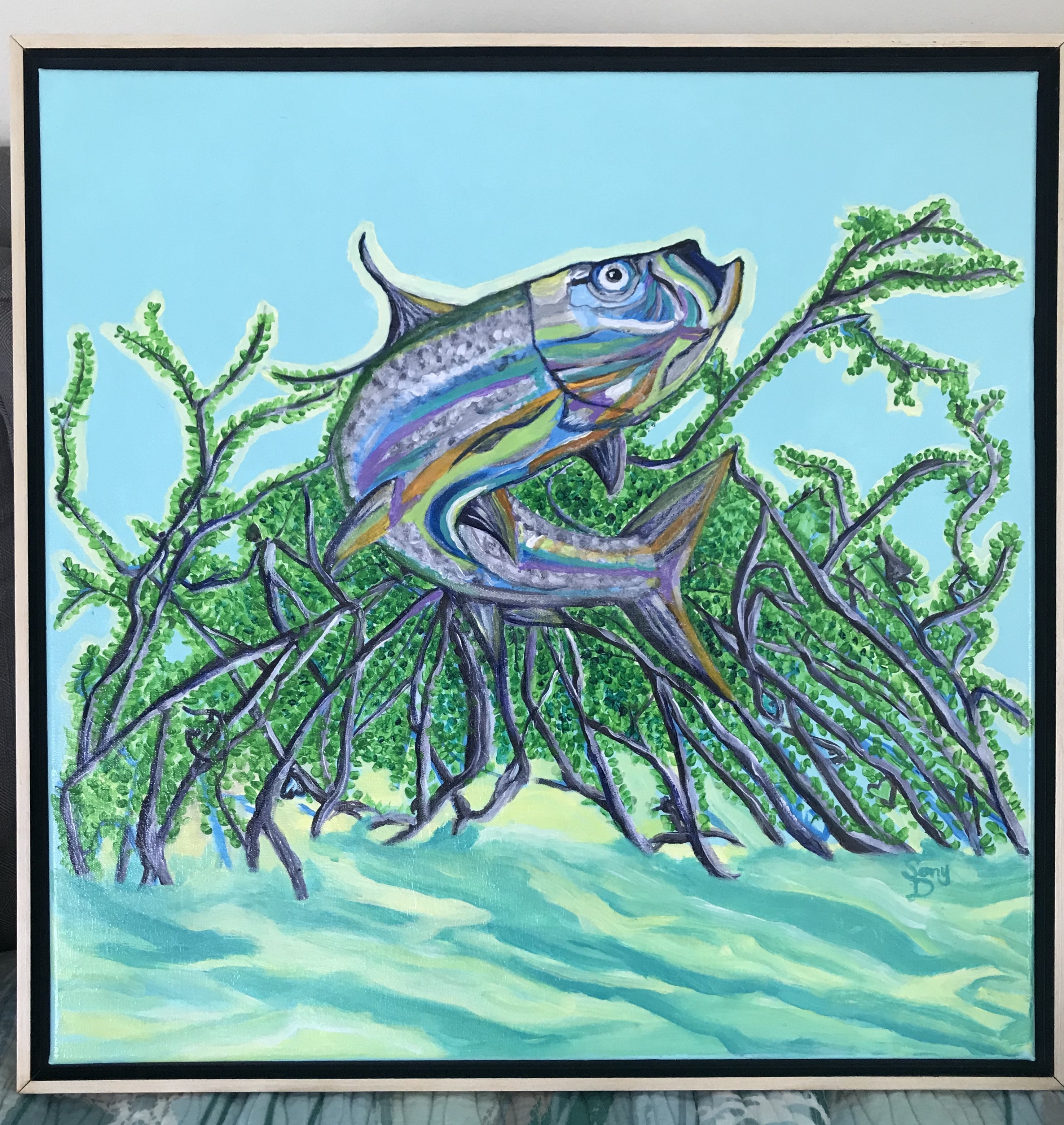 Silver King in the Groves — tarpon leaping among mangrove roots in turquoise water